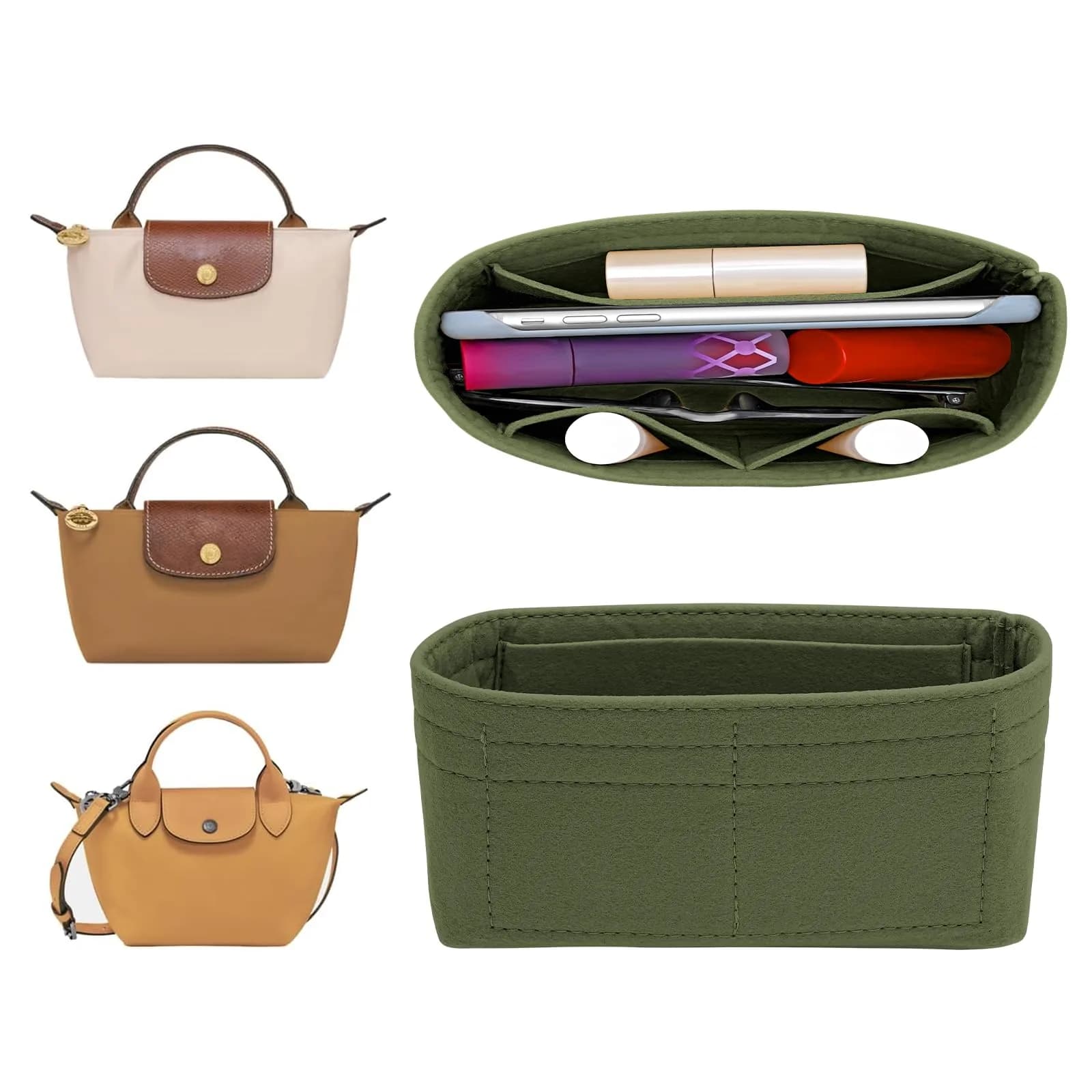 LOUKAYCCI Felt Purse Organizer Insert for Longchamp Le Pliage Mini | Lightweight Felt, 3 Compartments, Fits XS Bags — Green Felt