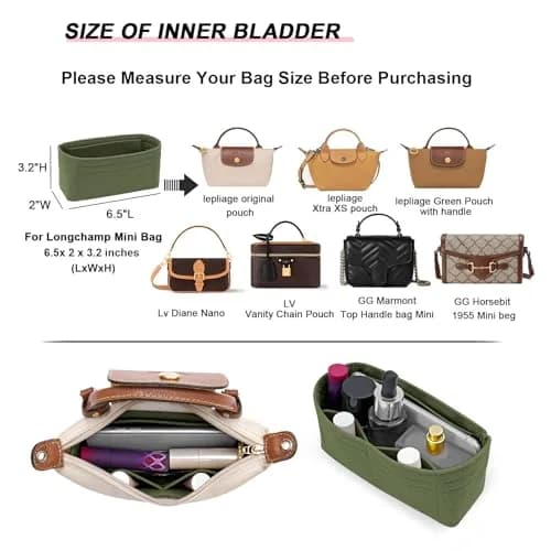 LOUKAYCCI Felt Mini Organizer Insert for Longchamp XS Bag, Green | 16.5cm (6.5") L x 5cm (2") W x 8cm (3.2") H thumbnail 2
