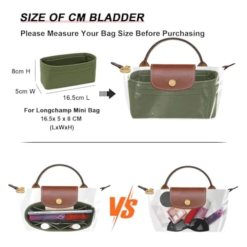 LOUKAYCCI Felt Mini Organizer Insert for Longchamp XS Bag, Green | 16.5cm (6.5") L x 5cm (2") W x 8cm (3.2") H thumbnail 3