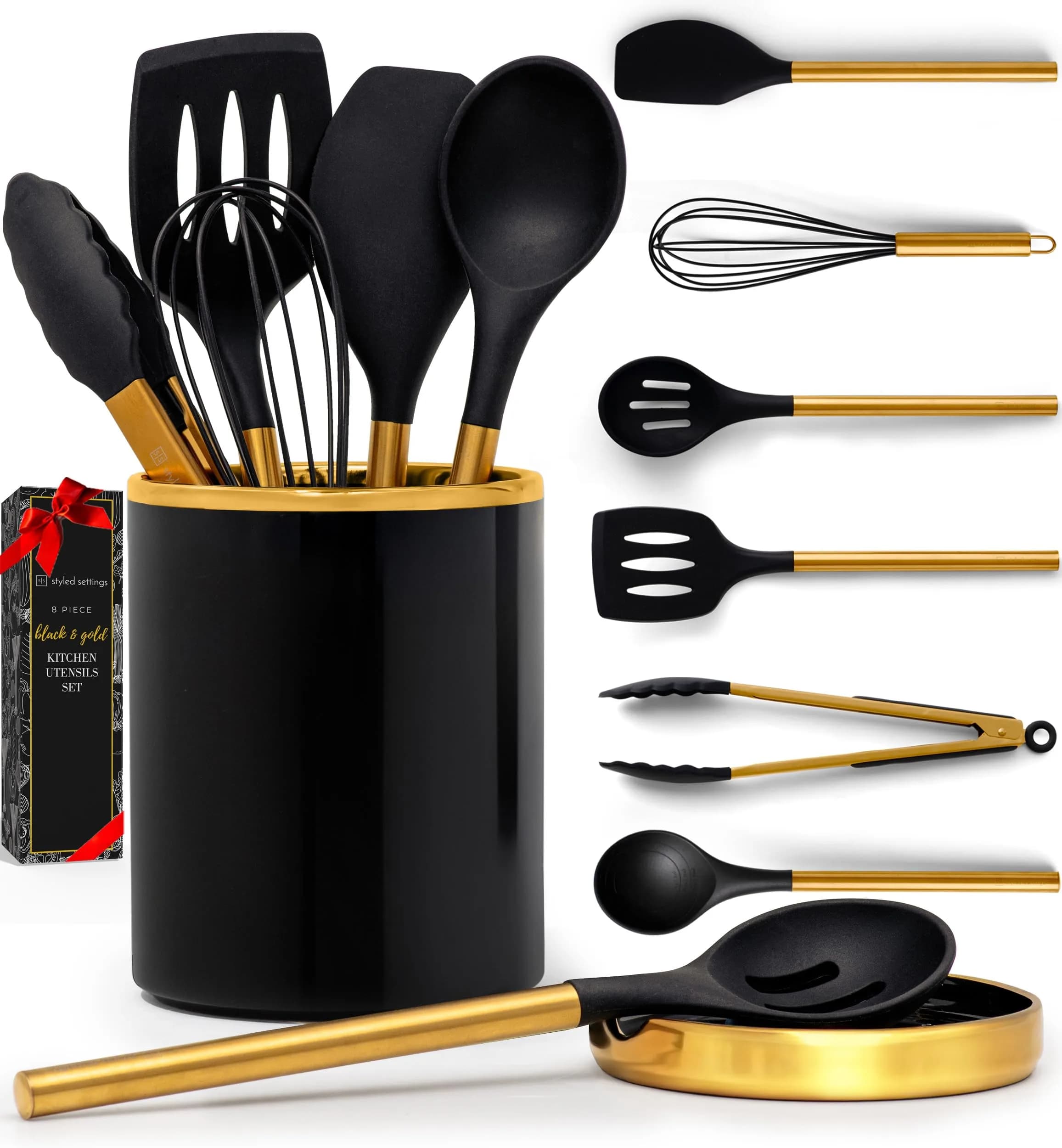 Styled Settings Black and Gold Kitchen Utensils Set with Holder, 8-Piece | Modern Nonstick Silicone & Ceramic Design - main product image