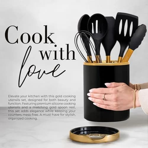 Styled Settings Black and Gold Kitchen Utensils Set with Holder, 8-Piece | Modern Nonstick Silicone & Ceramic Design thumbnail 5
