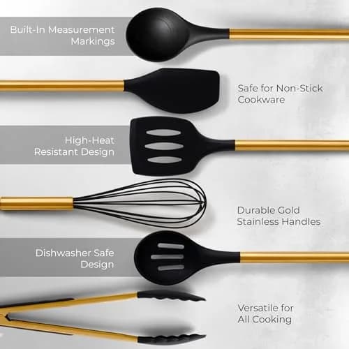 Styled Settings Black and Gold Kitchen Utensils Set with Holder, 8-Piece | Modern Nonstick Silicone & Ceramic Design thumbnail 7