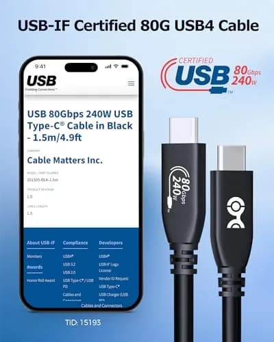 Cable Matters USB4 Cable 4.9ft | 80Gbps Thunderbolt 5/4 Compatible, 8K Video, 240W Power thumbnail 2