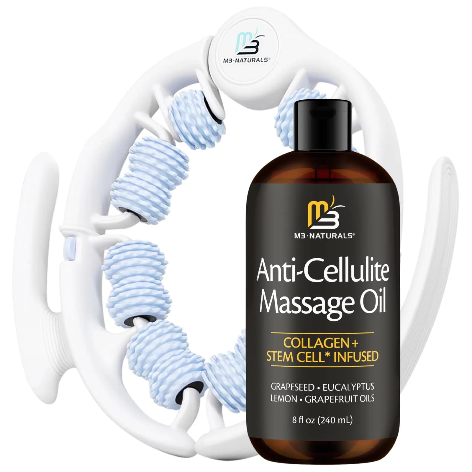 M3 Naturals Anti Cellulite Oil & Lymphatic Drainage Massager Kit | 8 fl oz (237 ml) | Smoother Skin