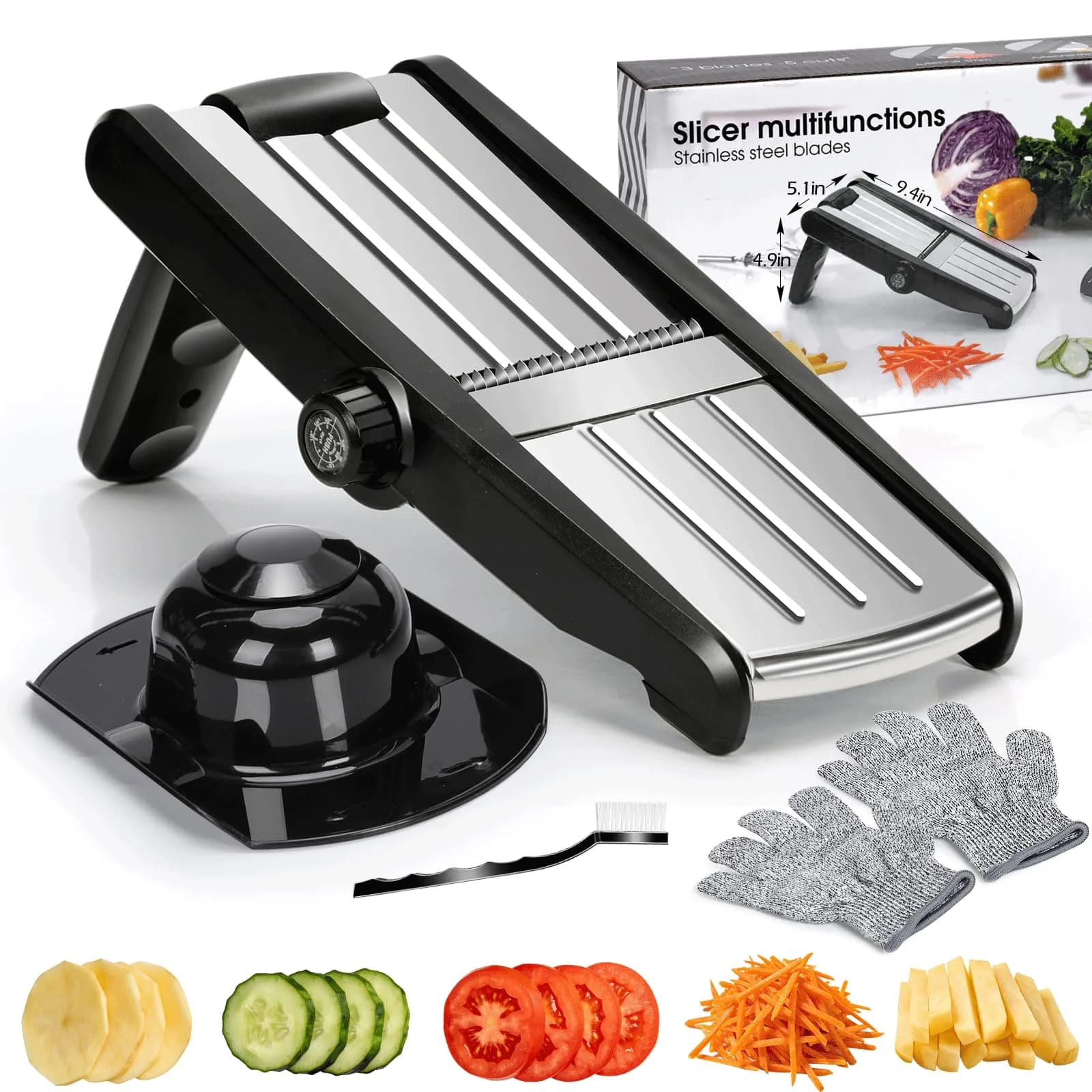 MASTERTOP Adjustable Mandoline Slicer Stainless Steel Vegetable Slicer 17.5 cm (6.9 in) | Safe Kitchen Slicer for Onions, Potatoes, Fruits — 9.25"L x 5.12"W x 1.97"H
