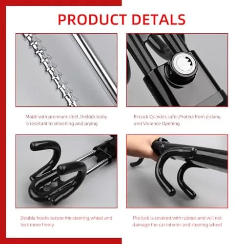 NOEAIKE Heavy Duty Steering Wheel Lock Anti-Theft Car Device with Dual Hooks & 2 Keys | Fits 12.7cm-33cm Wheels thumbnail 4