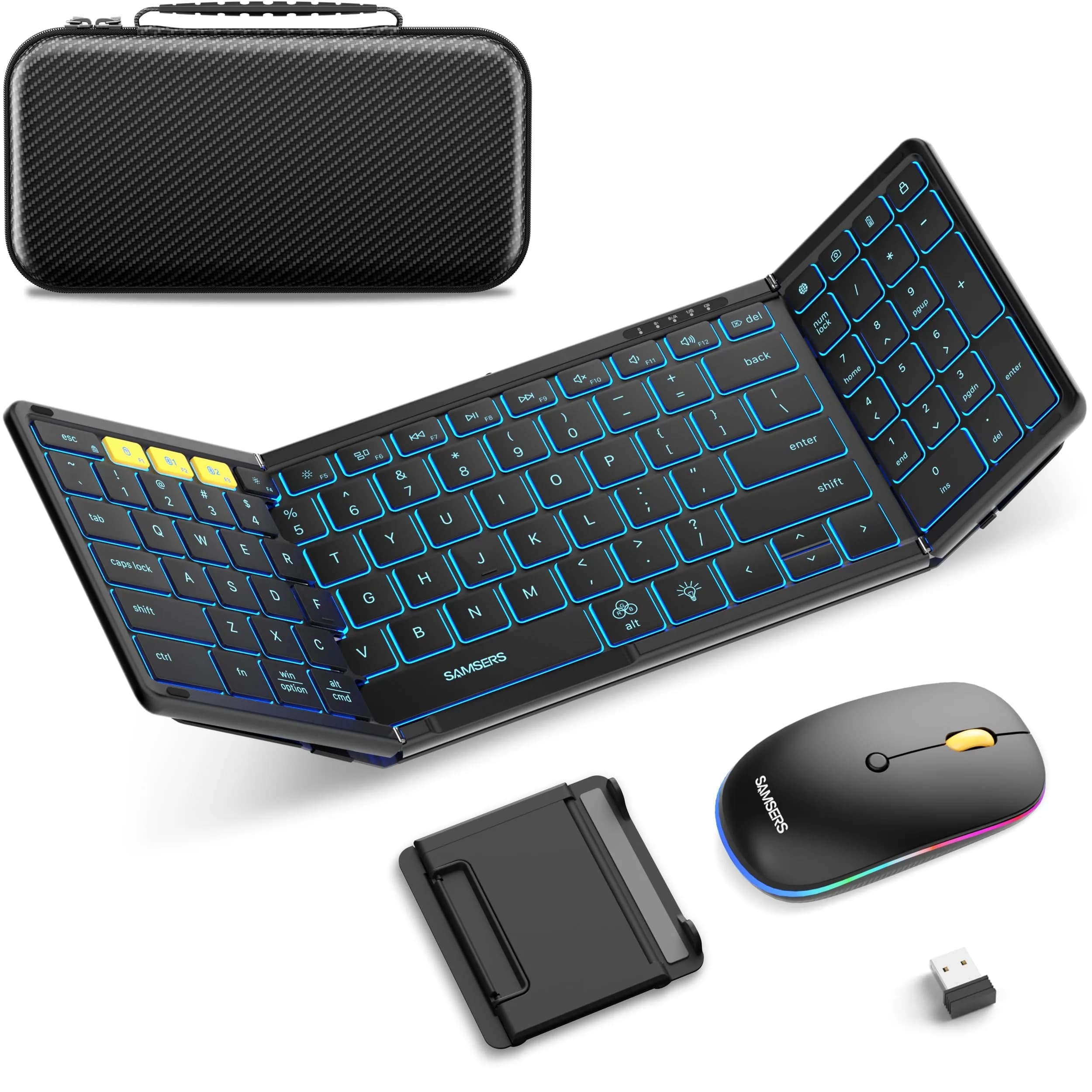 Samsers Foldable Keyboard and Mouse Combo, Full-Size Portable Travel Keyboard & Rechargeable Wireless Mouse | Bluetooth 5.0 + 2.4G — Stylish BL Black