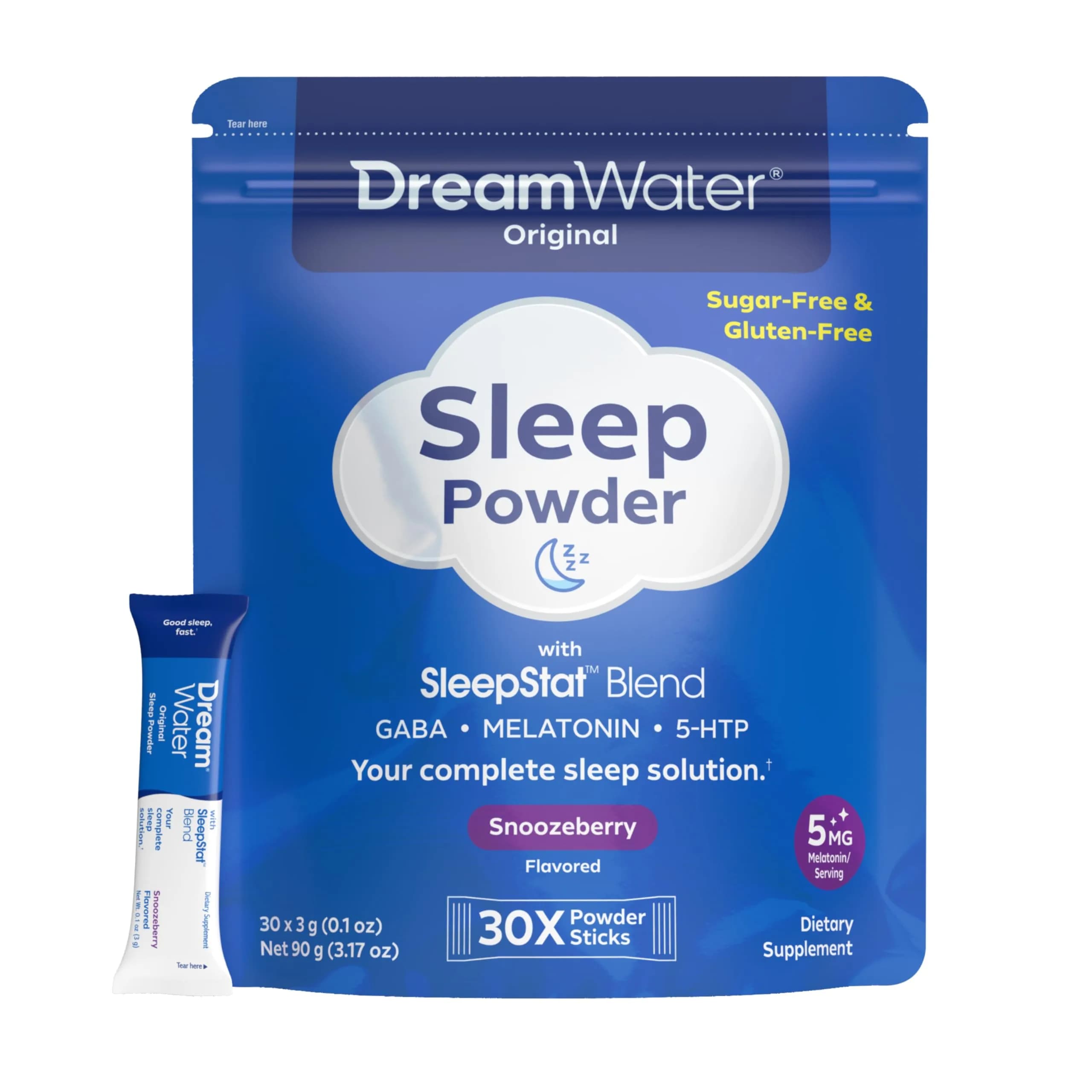 Dream Water Sleep Aid Powder, Melatonin 5mg, GABA, 5-HTP, 30-Count | Natural Sleep Support - main product image