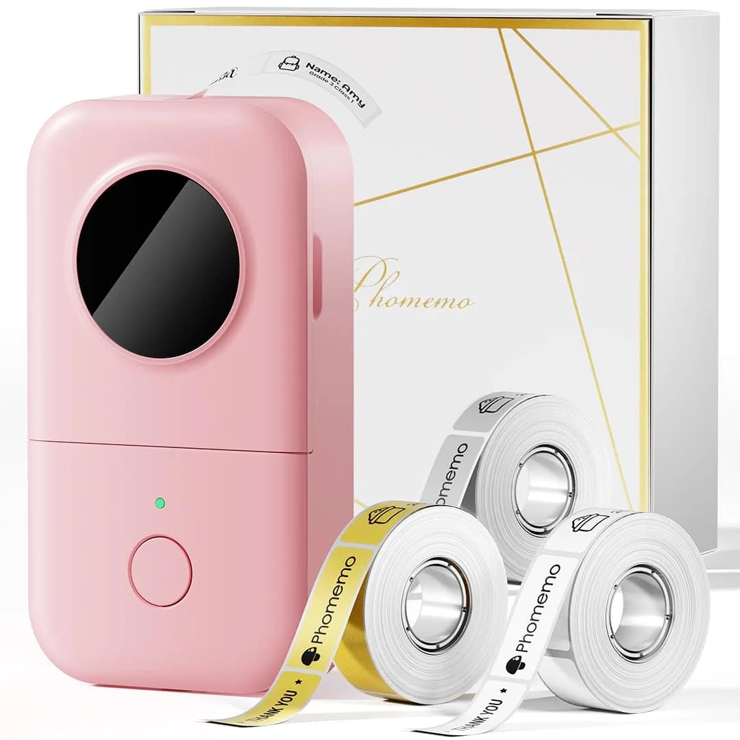 Phomemo D30 Portable Thermal Label Printer Green | 203dpi Resolution, Bluetooth 4.0, 10m Wireless — Pink / Machine + 3 Label Tapes