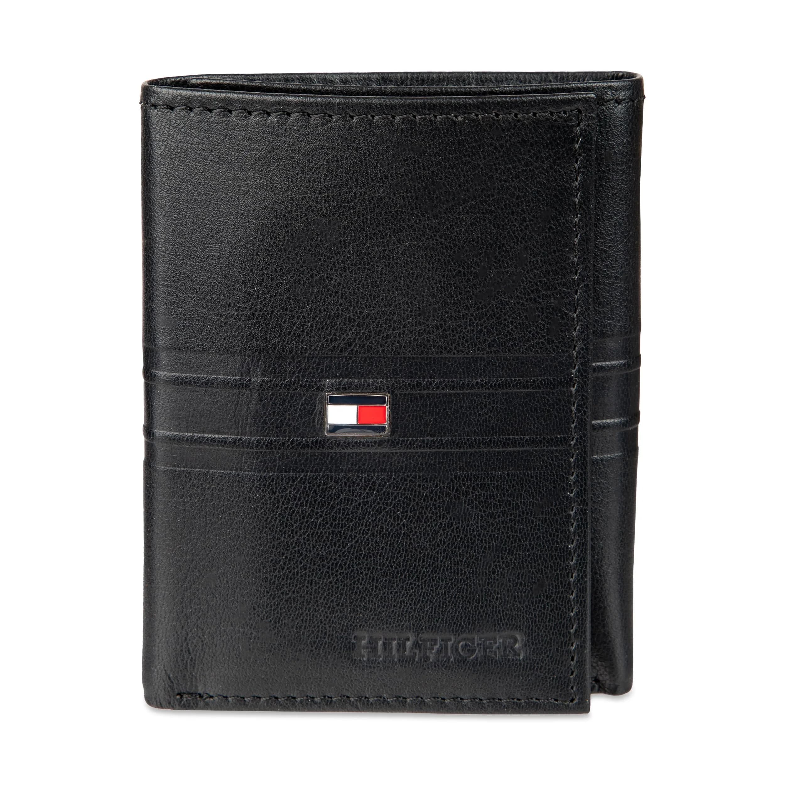 Tommy Hilfiger Men's Leather Trifold Wallet Oxford Black | Genuine Leather, 9+ Card Slots — Stripe Emboss Black