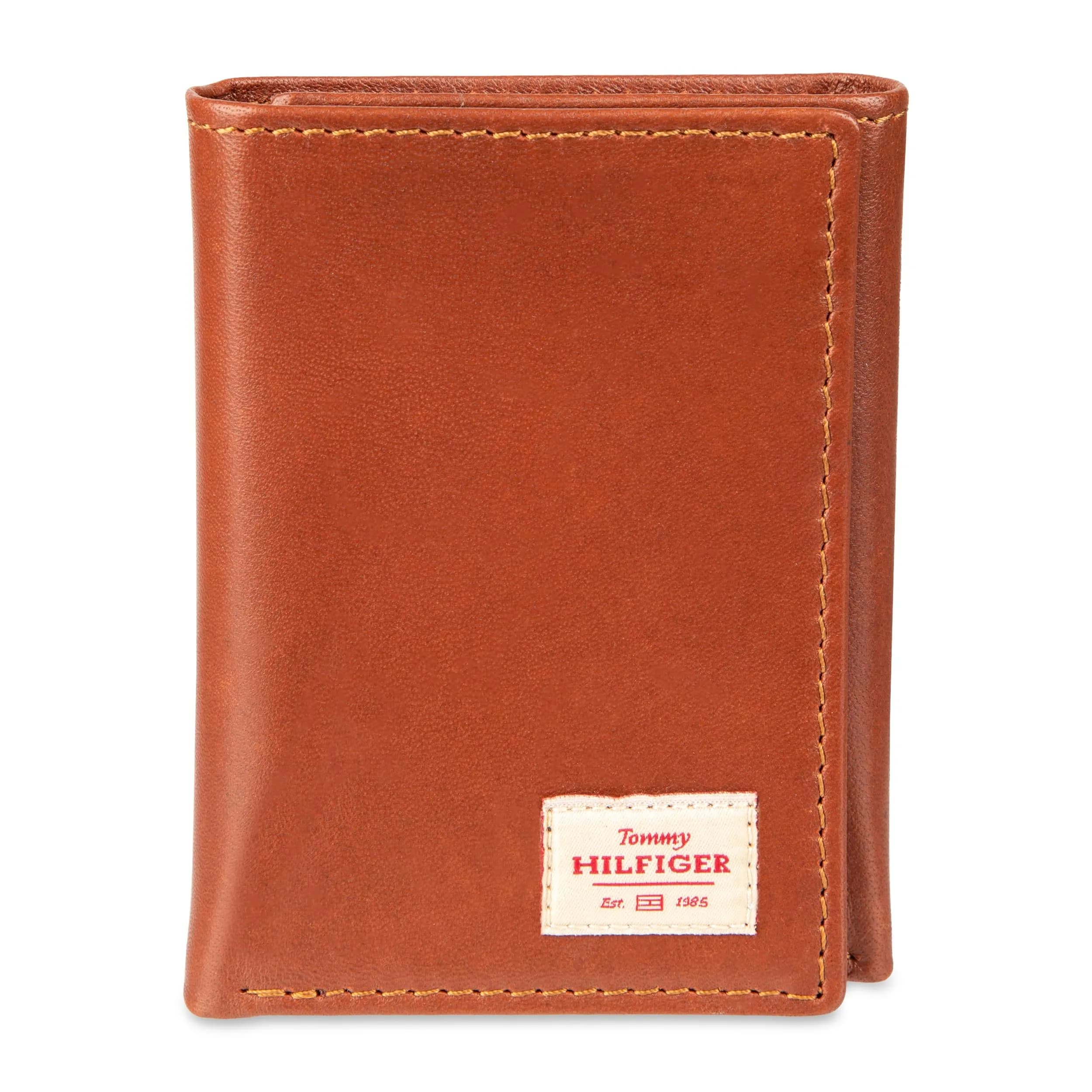 Tommy Hilfiger Men's Leather Trifold Wallet Oxford Black | Genuine Leather, 9+ Card Slots — Patch Logo Cognac