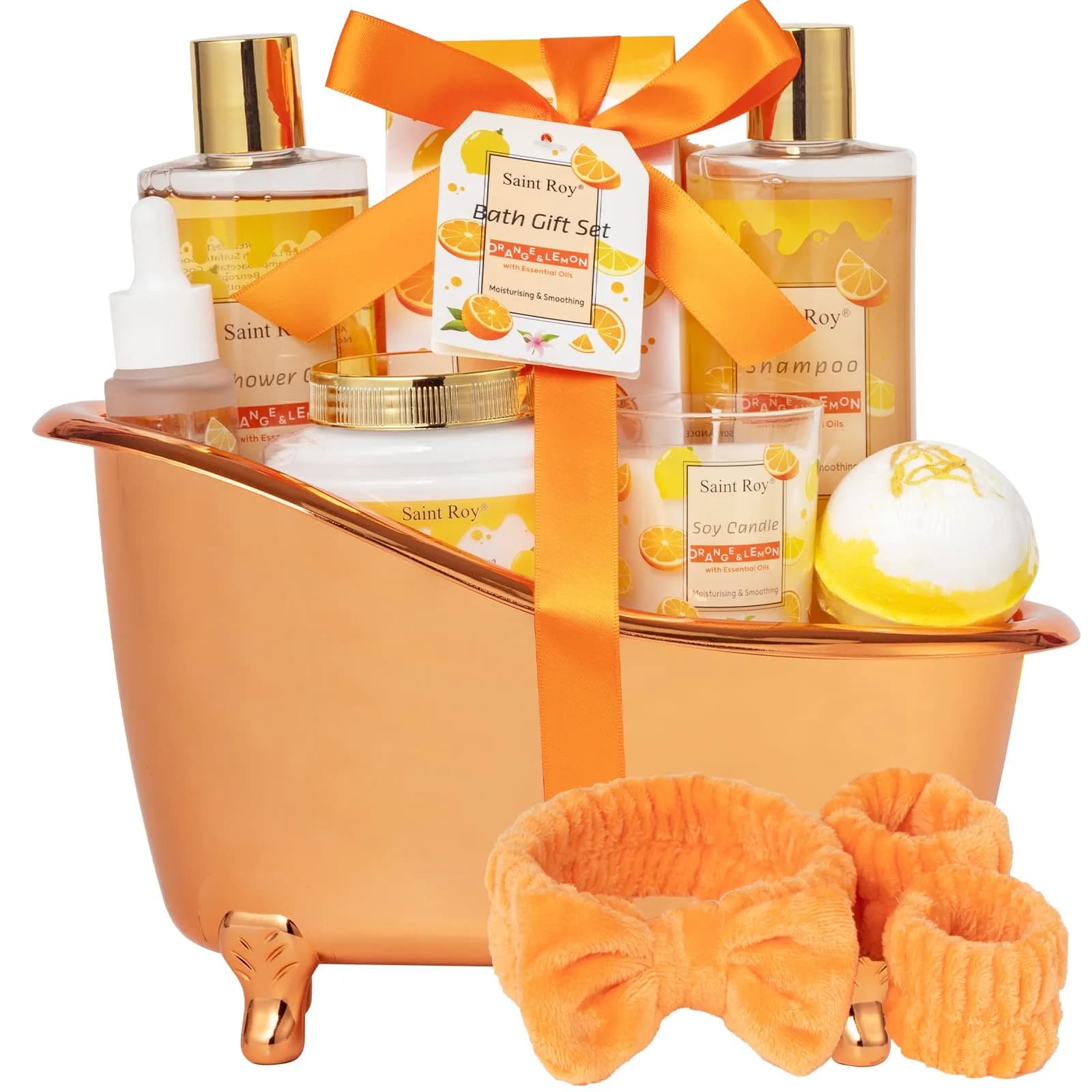Saint Roy Orange Spa Gift Set for Women | 11-Piece Bath & Body Care Set with Reusable Bathtub