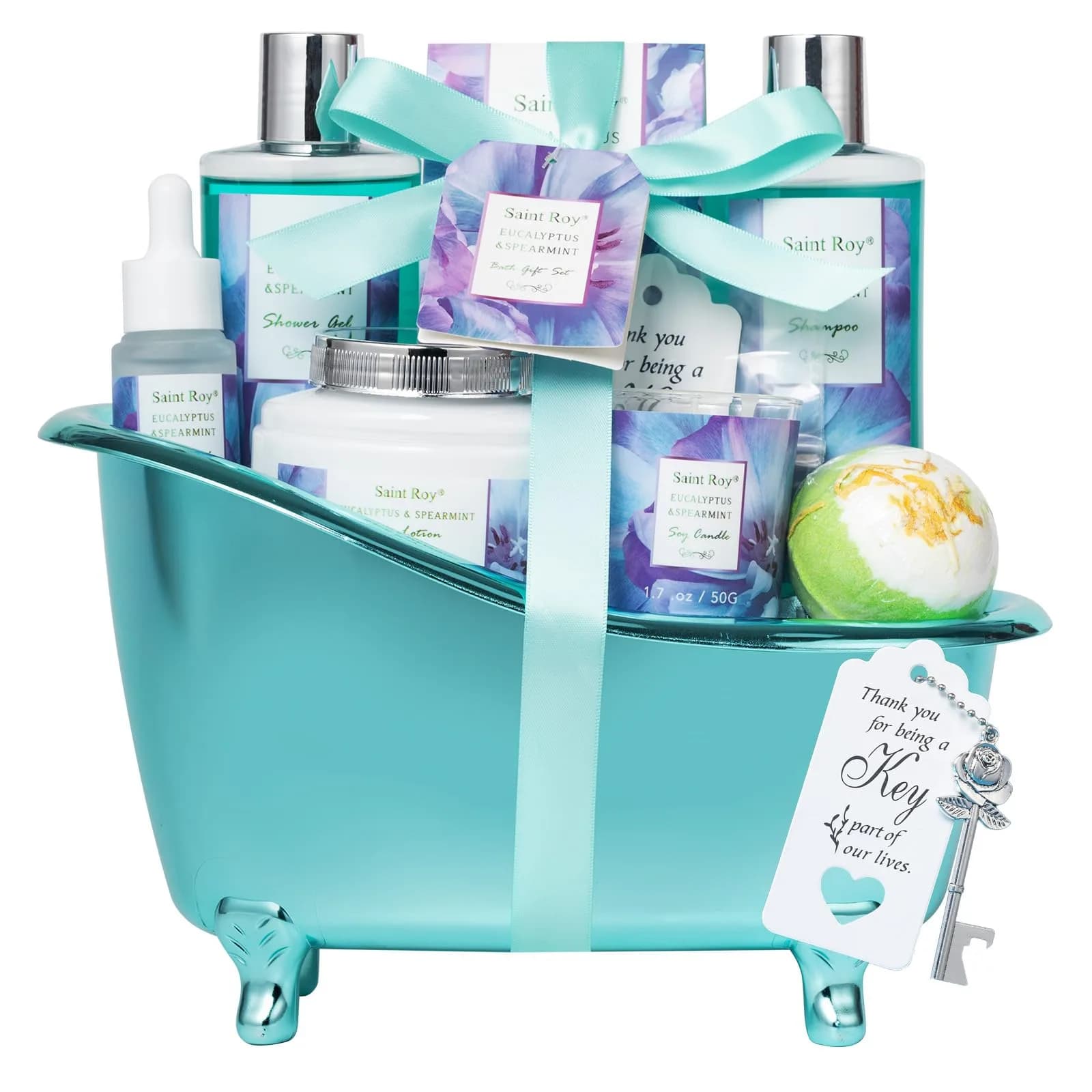 Saint Roy Eucalyptus & Mint Spa Gift Basket for Women - 9-Piece Set | 210ml (7.1 Fl Oz) Body Wash & Bubble Bath