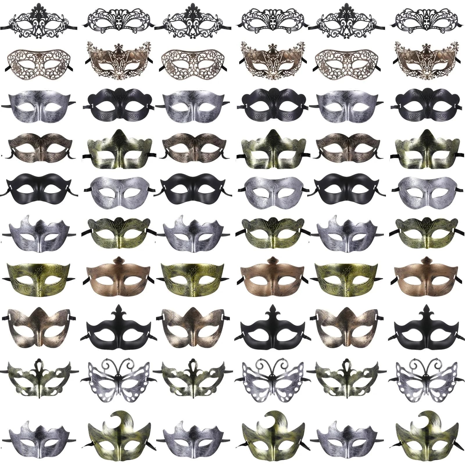 Chivao 60 Pcs Halloween Masquerade Masks Bulk (20 Styles, Gold/Silver/Brass/Black) | Modern Retro Design for Parties — Elegant