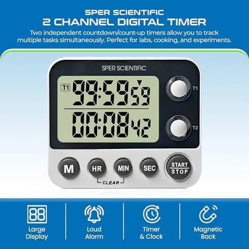Sper Scientific 2 Channel Digital Lab Kitchen Timer 8.89cm (3.5in) | Dual Countdown Timer with Large Display & Loud Alarm thumbnail 2