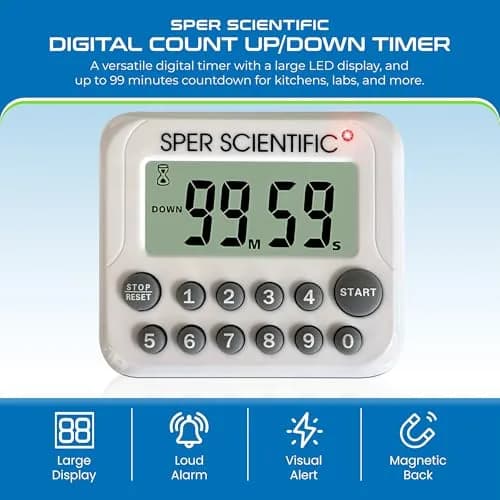 Sper Scientific Digital Count Up/Down Timer 810003 with Large Display & Loud Alarm | 99-Minute Countdown Timer for Labs, Cooking, Workouts, Classroom thumbnail 2