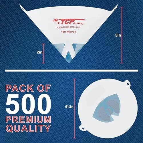 TCP Global 190 Micron Filter Tips Ultra-Fine Paint Strainer, 500 Pack | Premium Blue Nylon Mesh Cone Strainer for Automotive, House & Hobby Paints thumbnail 2