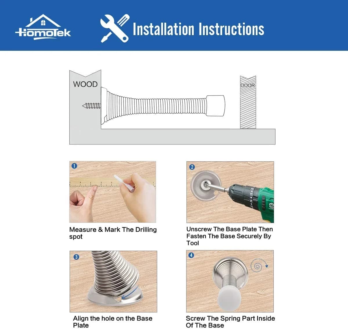 HOMOTEK Spring Door Stopper with Rubber Bumper, Satin Nickel, 50 Pack | Value Pack Doorstop with Durable Protection thumbnail 4