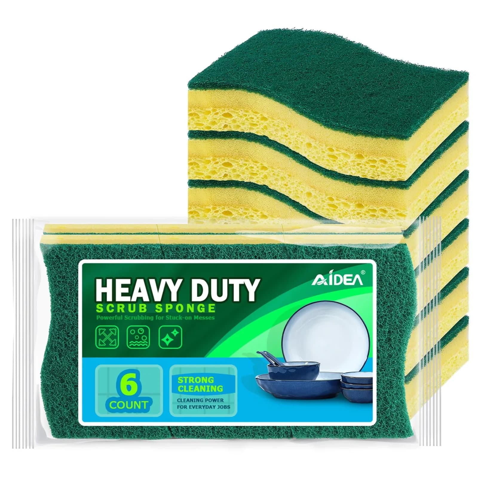 AIDEA Heavy-Duty Scrub Sponges, 6 Count, Light-Green | Cellulose Cleaning Sponge for Kitchen & Dishes
