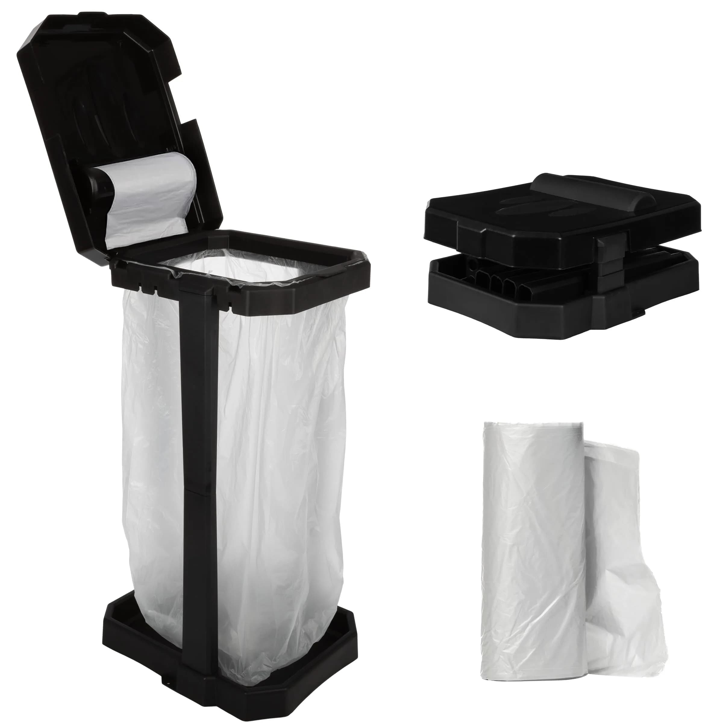 Wakeman Heavy Duty Black Trash Bag Portable Trash Bag Holder Stand with 7 Bags | Collapsible Outdoor & Indoor Garbage Bin