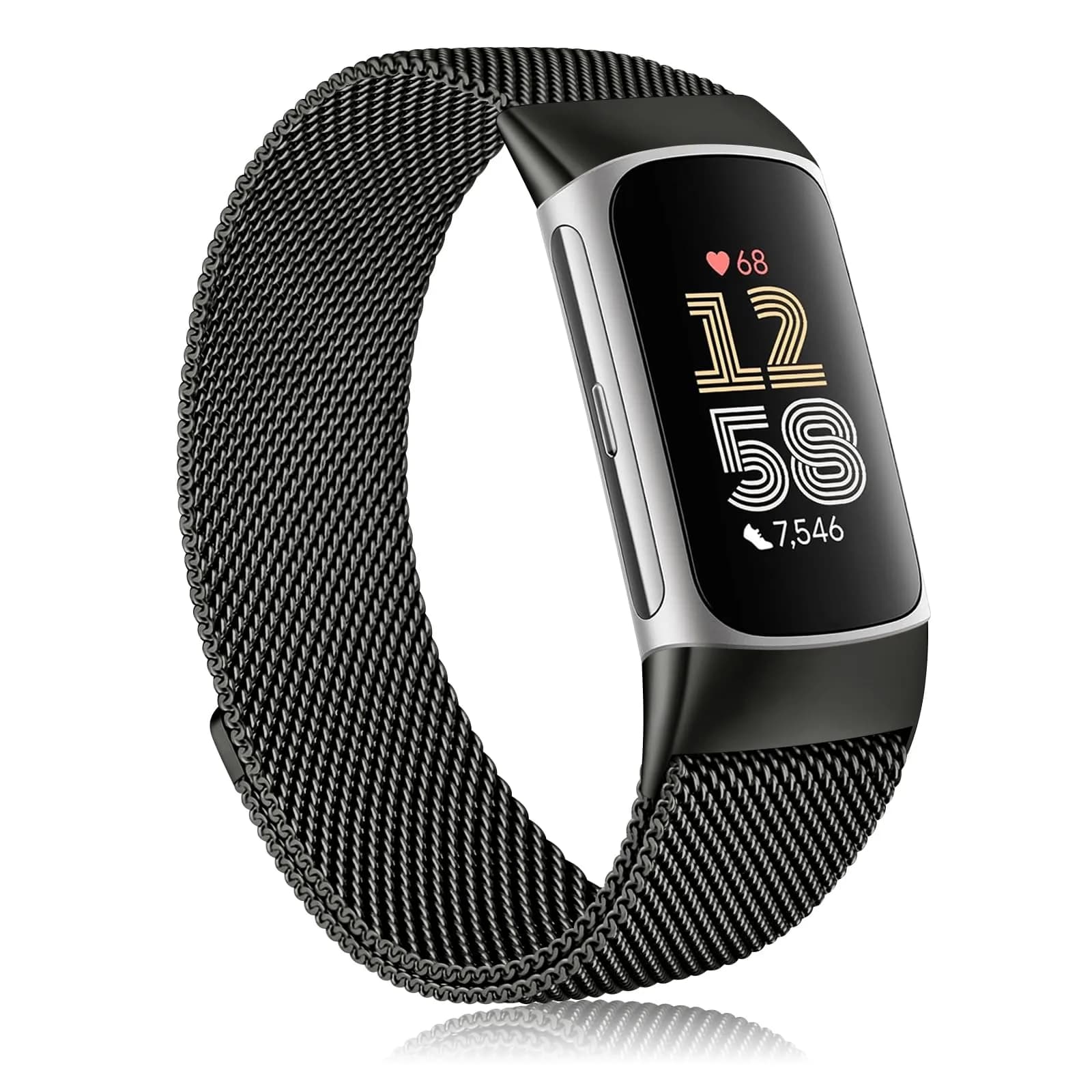 AK Metal Band Compatible with Fitbit Charge 6, Black Stainless Steel Mesh Loop Magnetic Replacement Strap | Adjustable Fit for 135-215mm Wrists - main product image