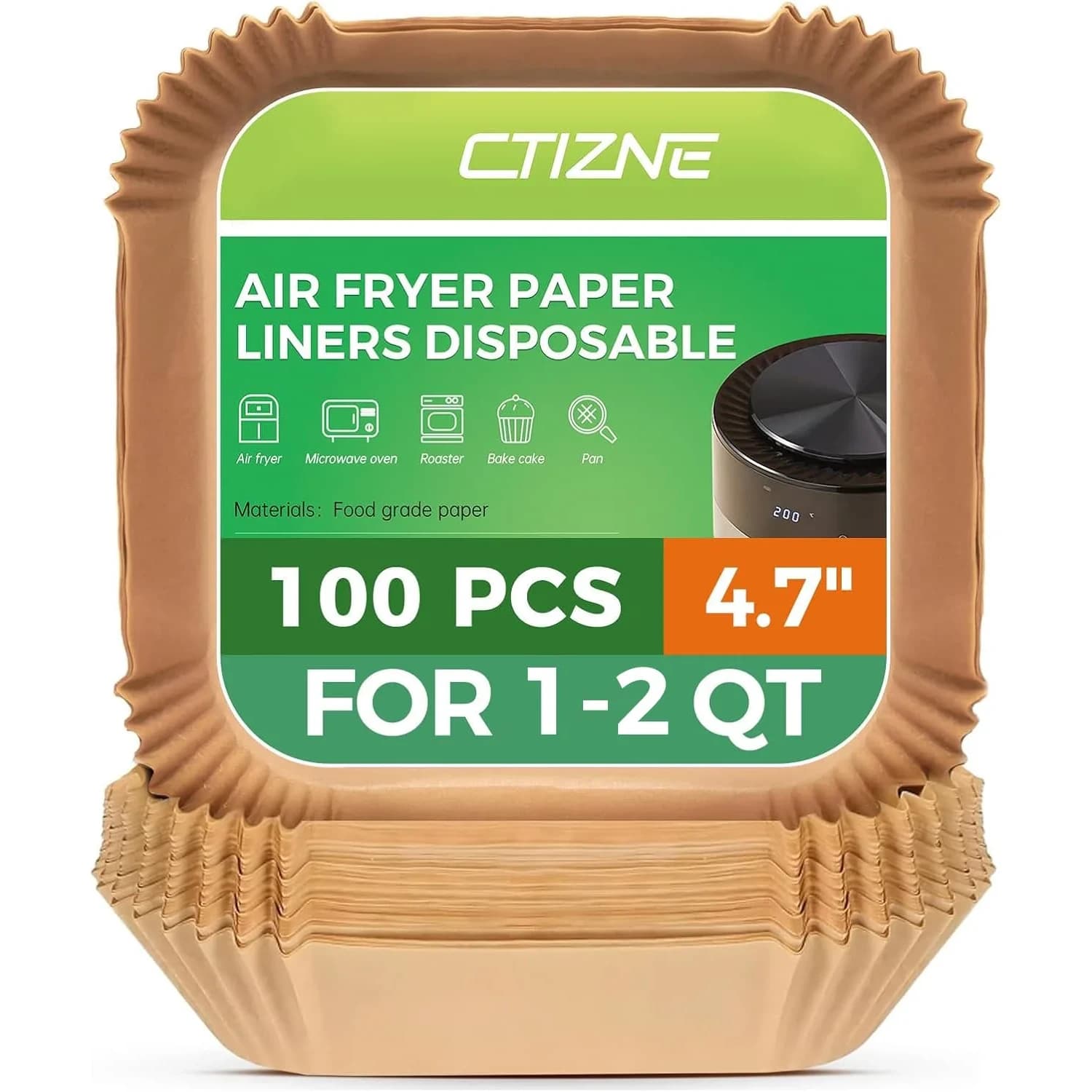ctizne Disposable Air Fryer Paper Liners 100Pcs 9 Inch Square | Food Grade Parchment for 8-12 Qt Air Fryers — 4.7"Square / 100