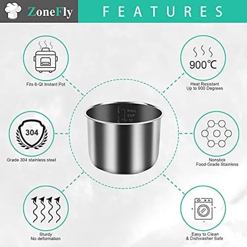 ZoneFly 3 Qt Inner Pot Replacement for Instant Pot | 2.84 L (3 Qt) Stainless Steel Cooking Pot with 2 Sealing Rings thumbnail 2