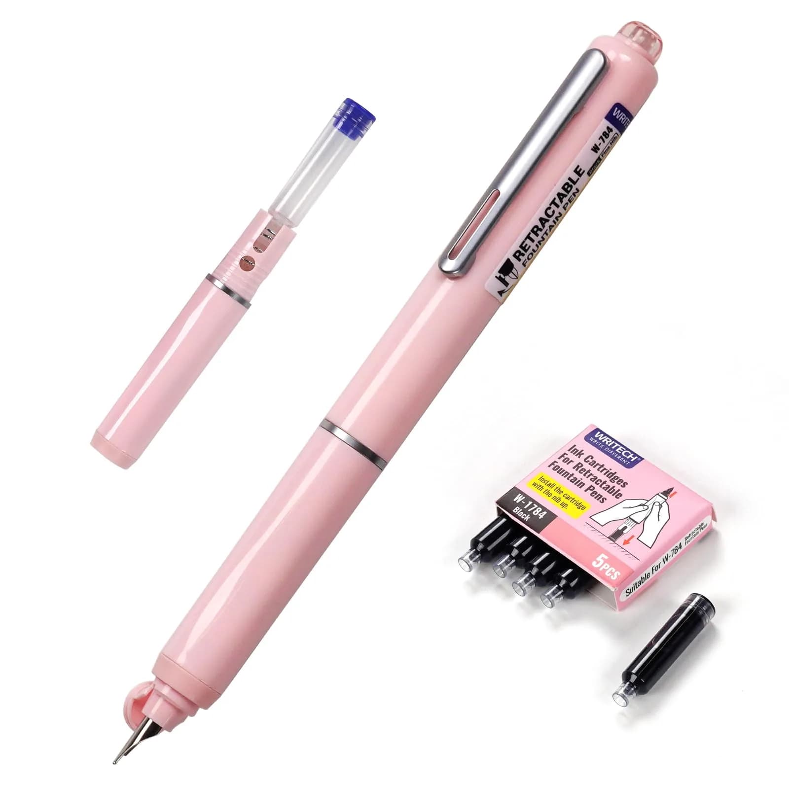 WRITECH Retractable Fountain Pen Set: Fine Nib, 5 Refill Cartridges, No Leaking, Pink | Smooth Calligraphy & Journaling - main product image
