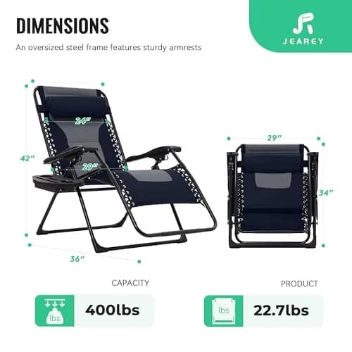 JEAREY Oversized Zero Gravity Chairs Set of 2 | 440 lb Capacity, Foldable Lounge Chairs with Headrest & Side Tray (Navy/Gray) thumbnail 7