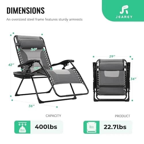 JEAREY Zero Gravity Chair, Oversized Padded Recliner - Grey/Light Grey | 29" Wide, 400 lb Capacity, Lock Recline, Foldable thumbnail 3