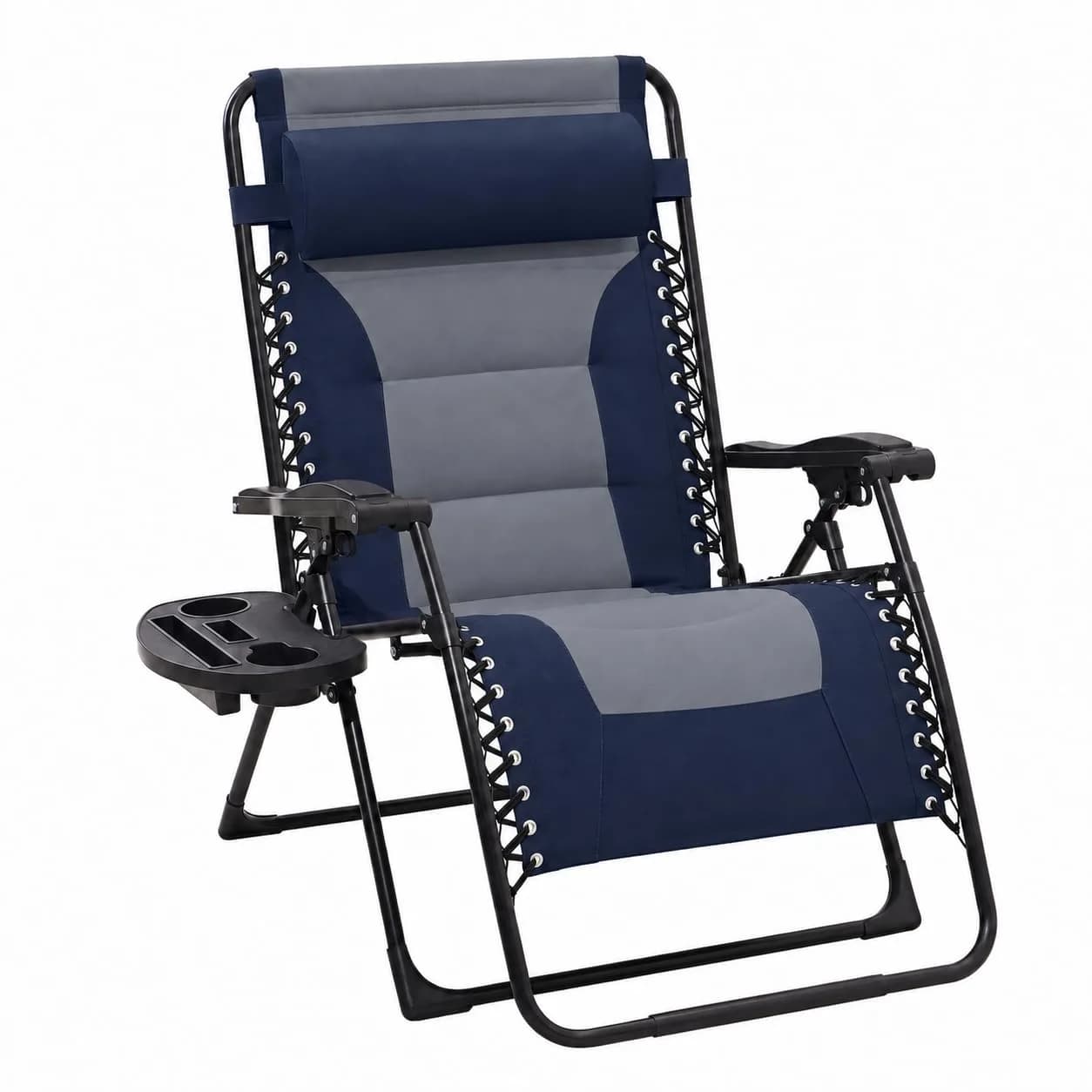JEAREY Zero Gravity Chair, Oversized Padded Recliner - Navy/Grey | 400 lbs Capacity, 29" Wide Seat, Lock Recline, Foldable Steel Frame, Headrest & Side Tray