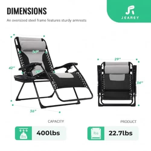 JEAREY Zero Gravity Chair, Oversized Padded Recliner - Black/Grey | 400 lbs Capacity, 29" Wide Seat, Lock Recline, Foldable Steel Frame for Patio & Beach thumbnail 3
