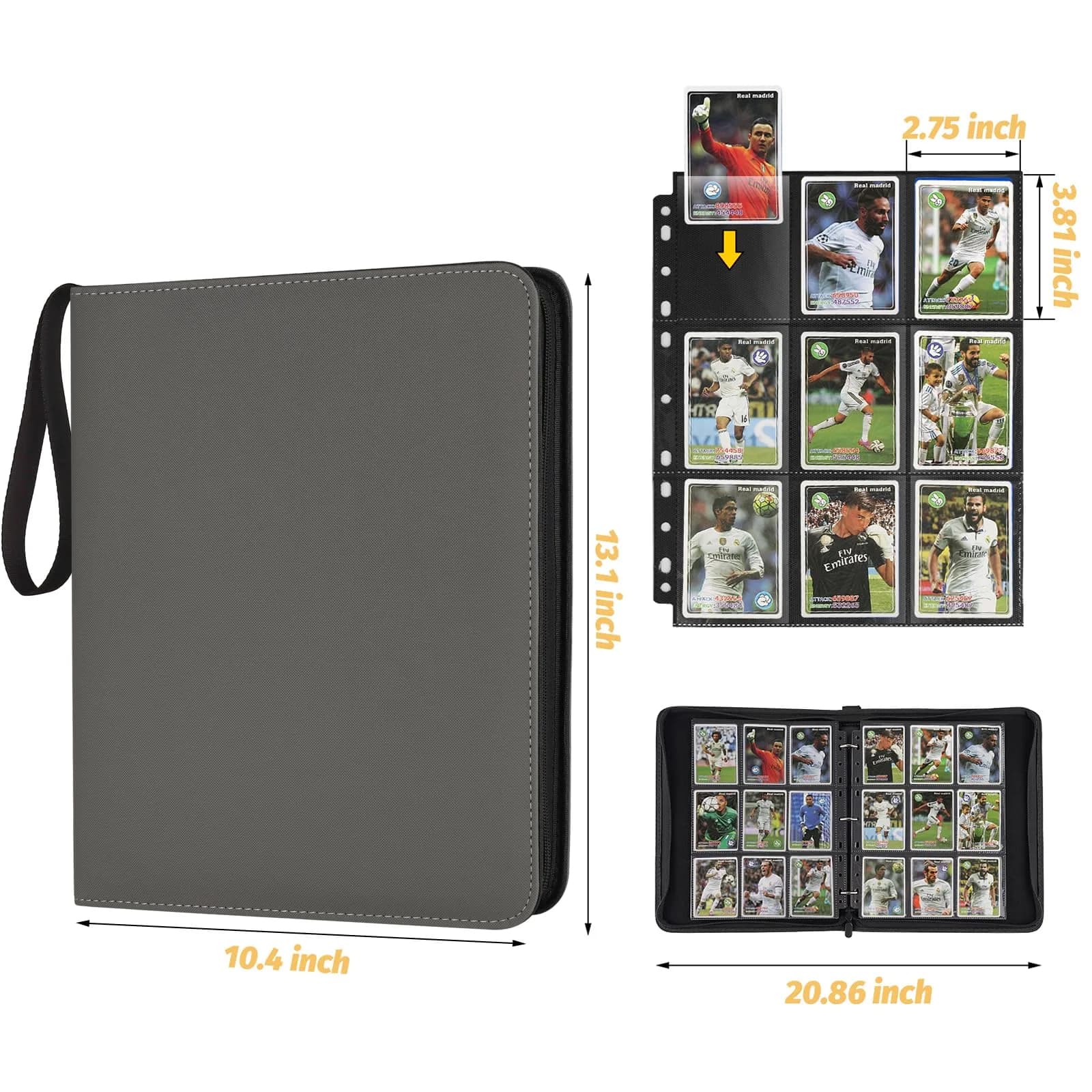 GERMUN 9 Pocket Zipper Card Binder with 40 Pages, 720 Card Capacity, Grey | Archival-Safe PU Trading Card Album Folder