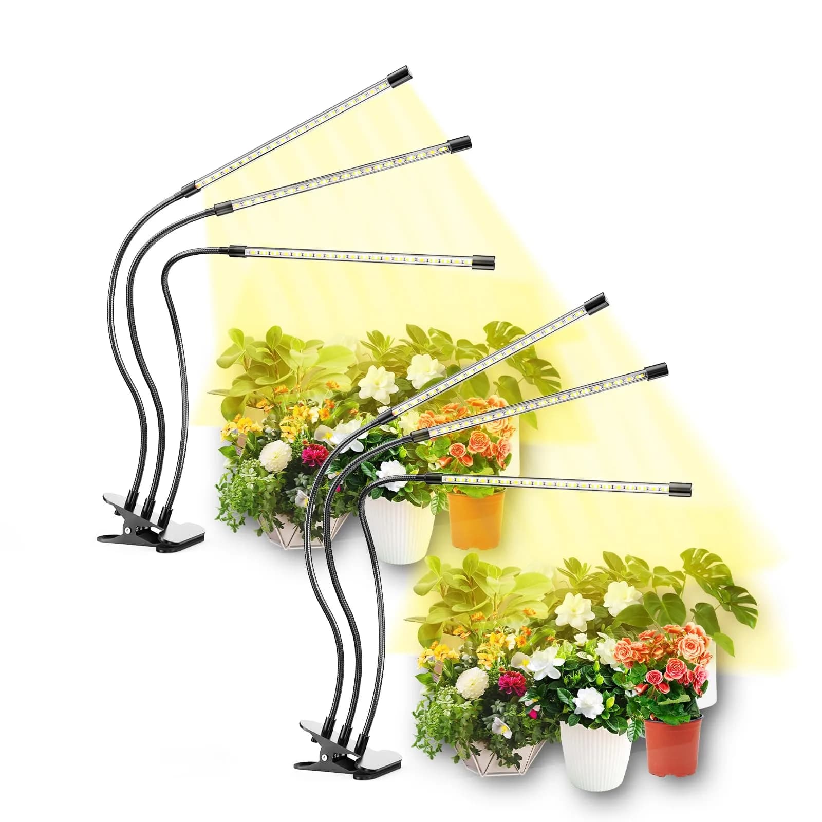 Bseah Full Spectrum LED Grow Light 2 Pack | 3-Head Clip-On with Timer & Dimmable Brightness