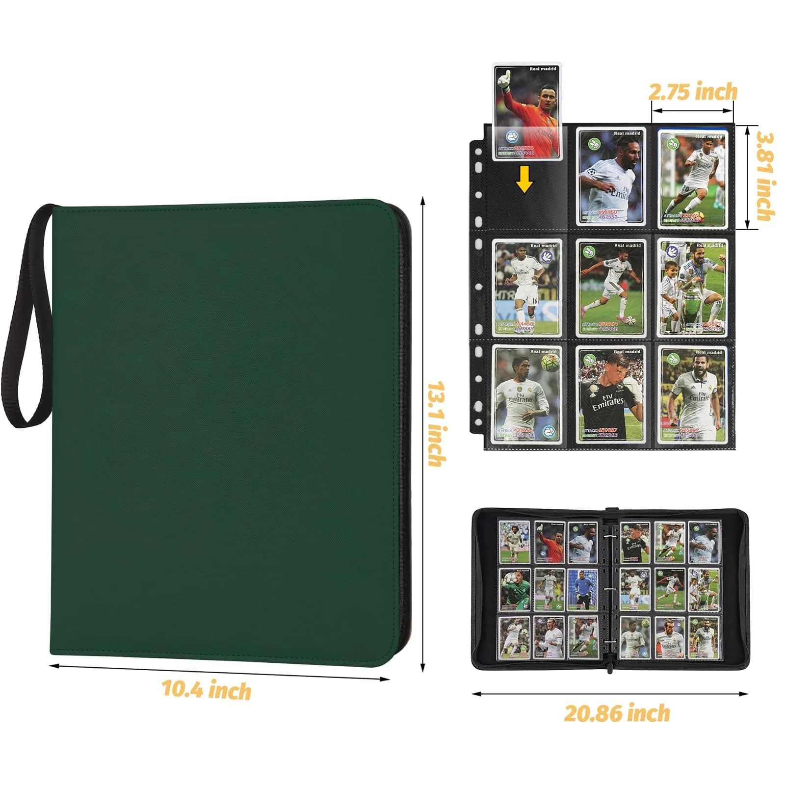 GERMUN 3-Ring 720-Pocket Zipper Card Binder | Archival-Safe PU Trading Card Album Folder (Dark Green)