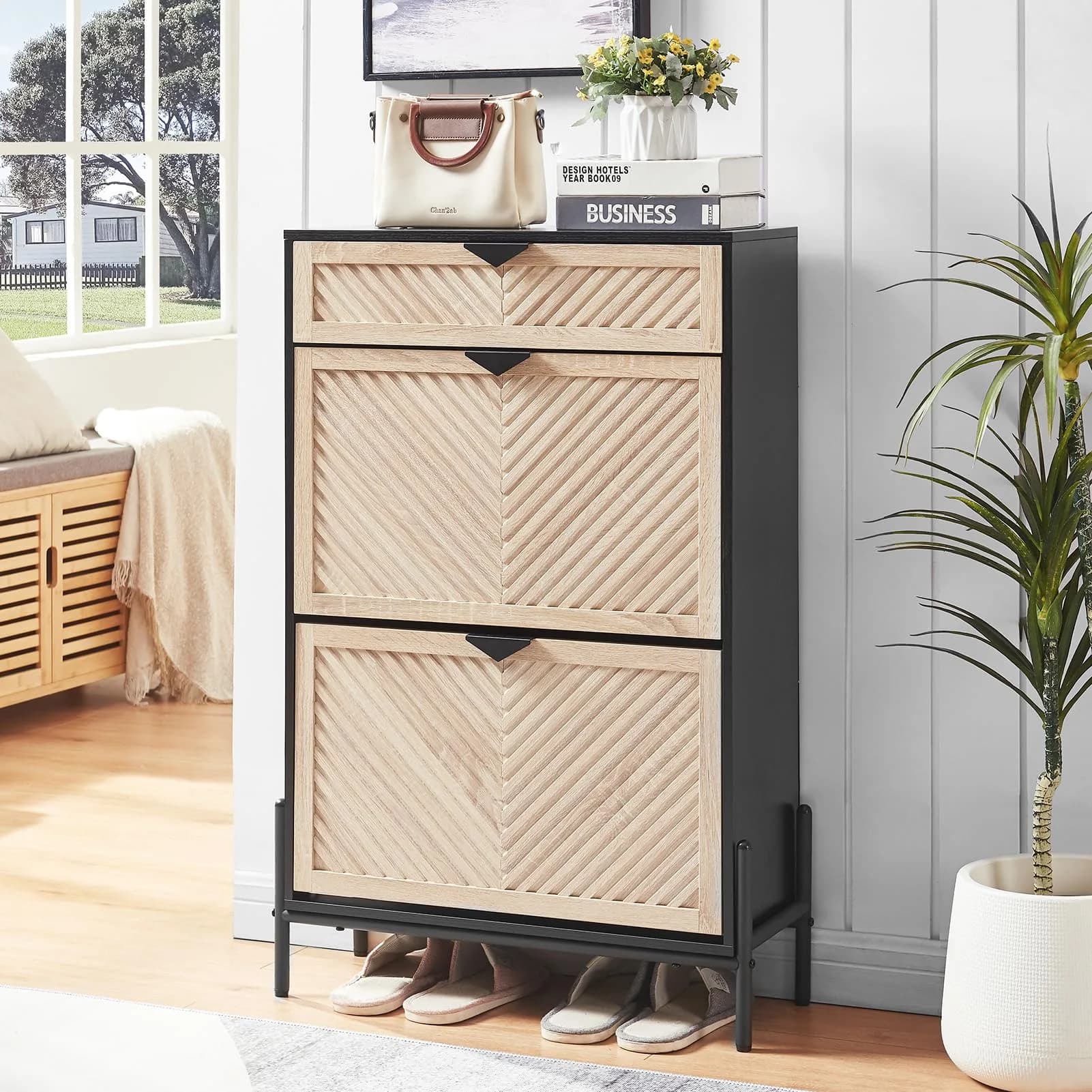 VIPLUMI Shoe Cabinet with 2 Flip Drawers | Narrow Entryway Rack in Black — Oak&black / Medium