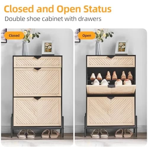VIPLUMI Shoe Cabinet with 2 Flip Drawers | Narrow Entryway Storage in Oak&Black thumbnail 4