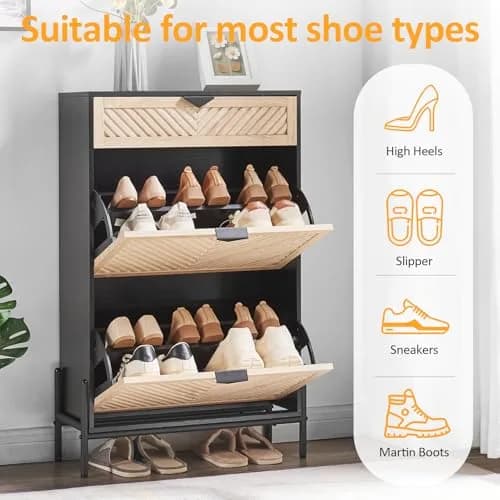 VIPLUMI Shoe Cabinet with 2 Flip Drawers | Narrow Entryway Storage in Oak&Black thumbnail 2