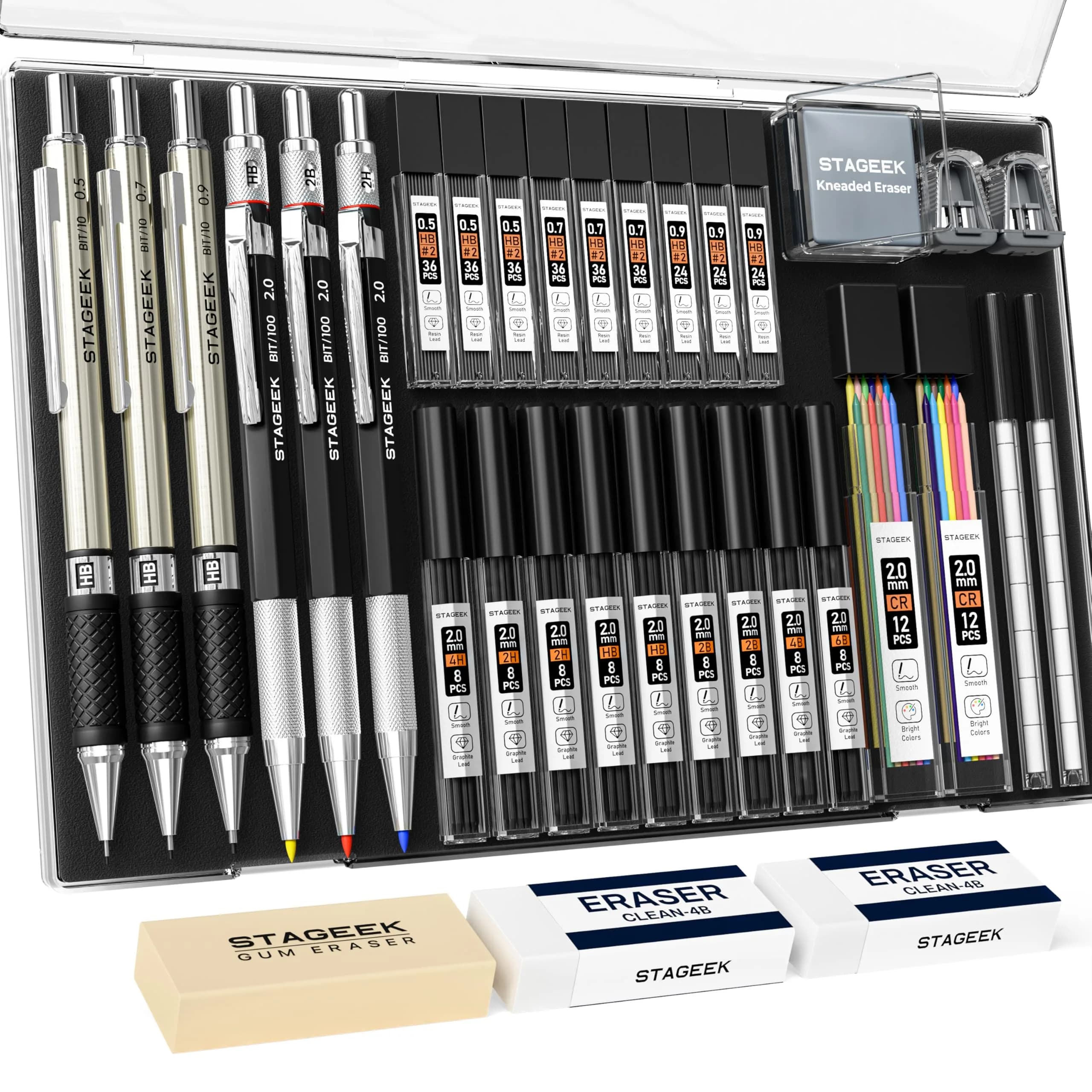 STAGEEK Mechanical Pencil Set with Case, 430g (0.95 lb) | 37 Pieces, 5 Models, 492 Leads — Colored