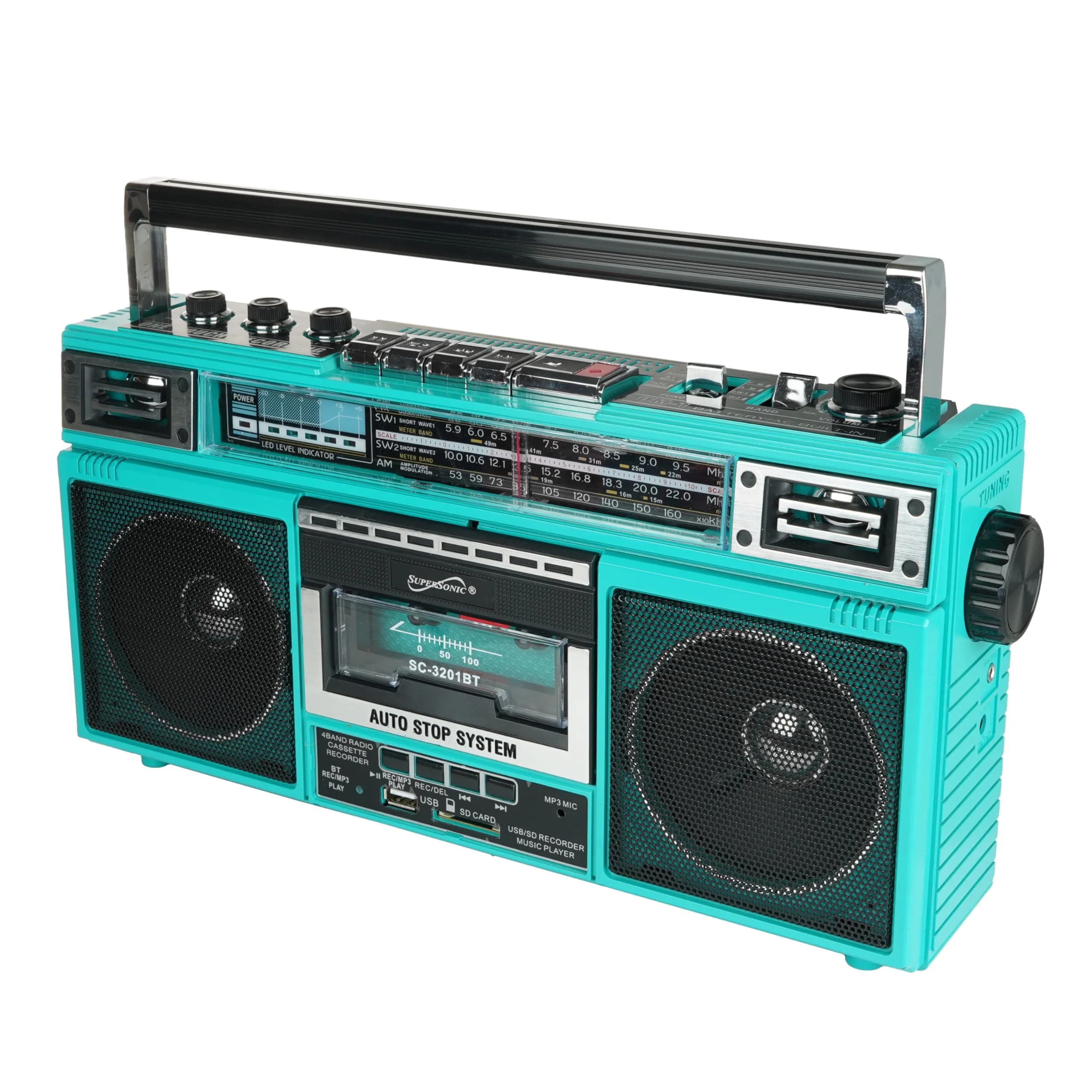 Supersonic SC-3201BT Teal Retro Cassette Boombox | Bluetooth, AM/FM/SW Radio, MP3, USB, SD Card, 3-Band EQ, 1.8 kg (3.85 lb) - main product image