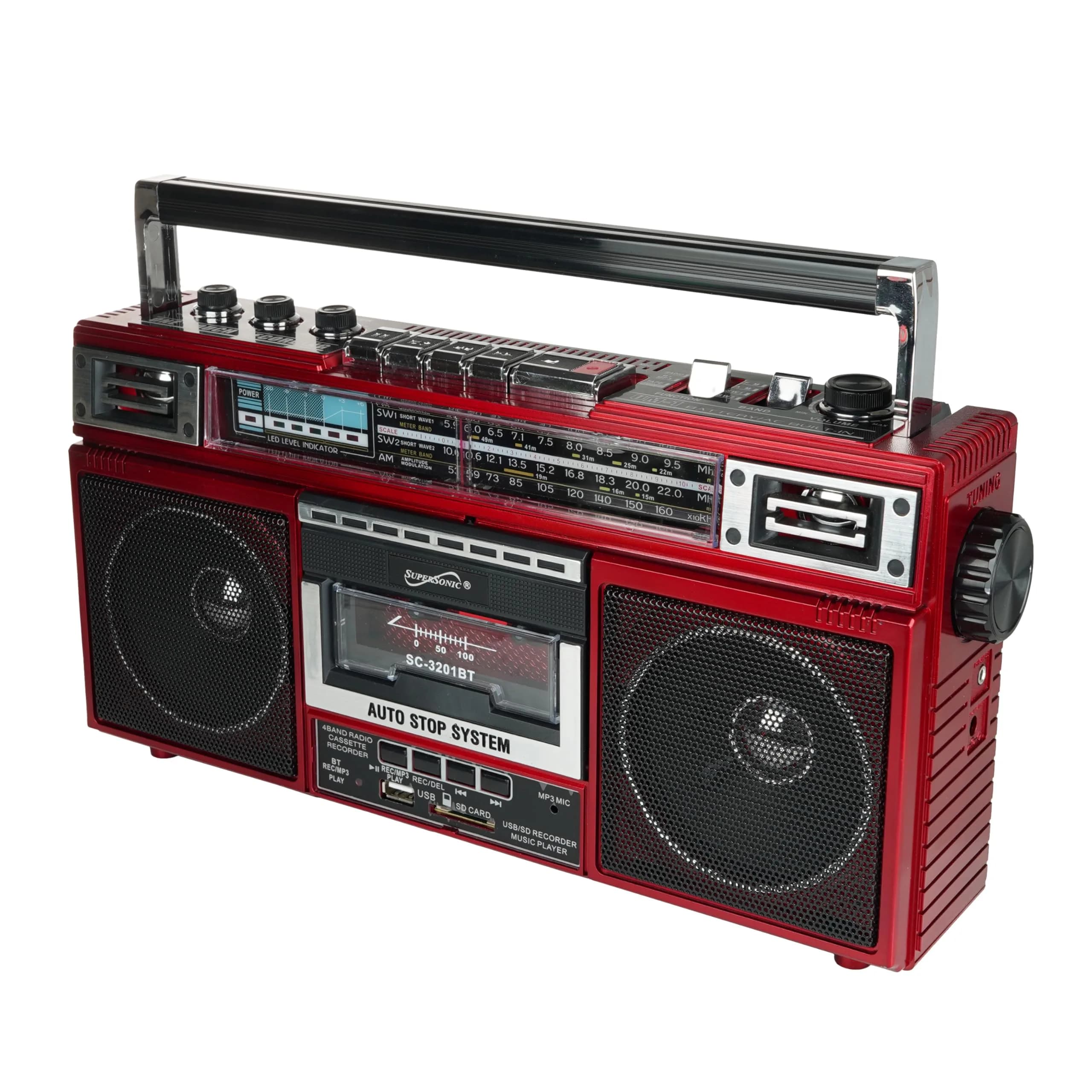 Supersonic SC-3201BT Retro Boombox with Bluetooth, Cassette Player & MP3 Playback - Red - main product image