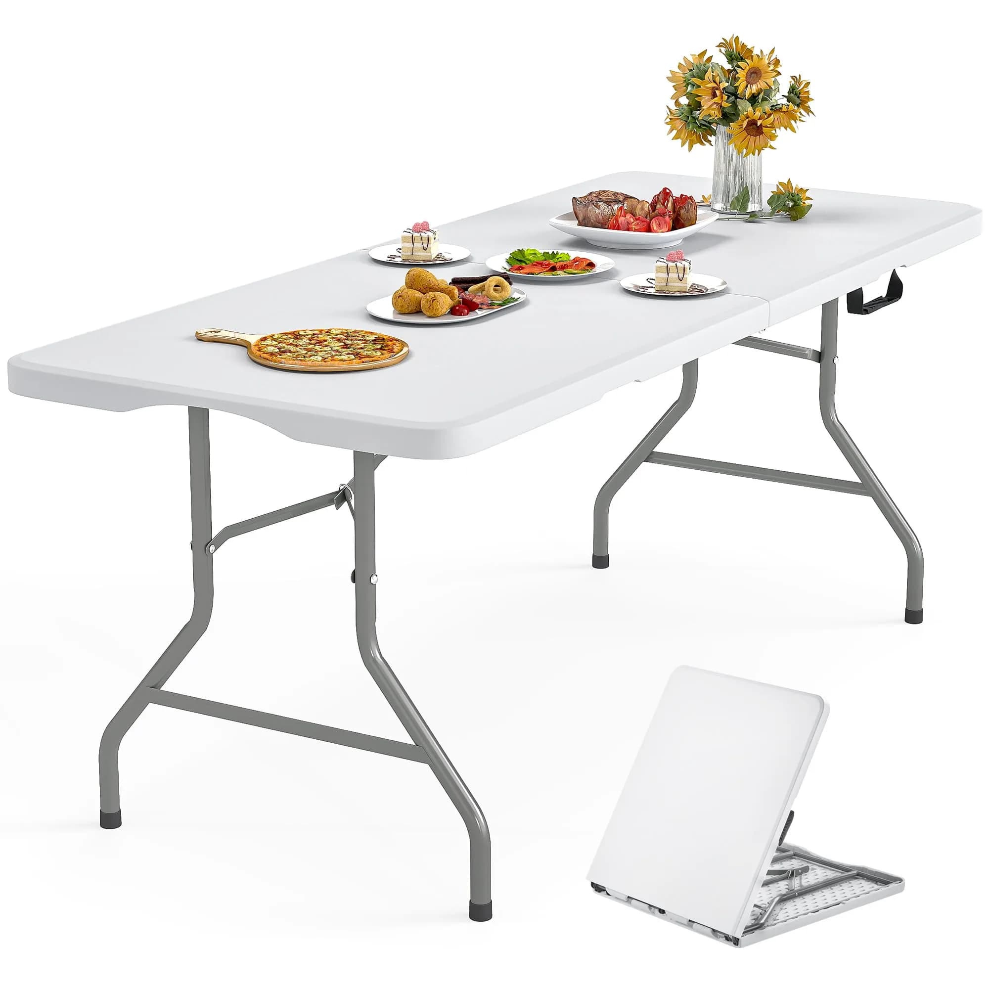 LUCKPRO 8Ft Foldable Table Impact-Resistant Waterproof Resin Surface, Steel Frame, Safety Locks, Indoor & Outdoor Use, White, 8FT | Versatile & Portable - main product image