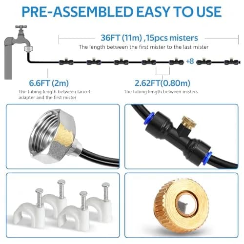 HOMENOTE Misting Cooling System Kit 42FT (13M) | 15 Brass Nozzles & 3/4" Adapter, Patio Mister for Cooling & Watering thumbnail 2