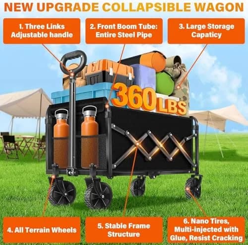JINIHFW Utility Cart Wagon 360LBS Foldable, Black | Portable Outdoor Folding Wagon with Wheels thumbnail 8