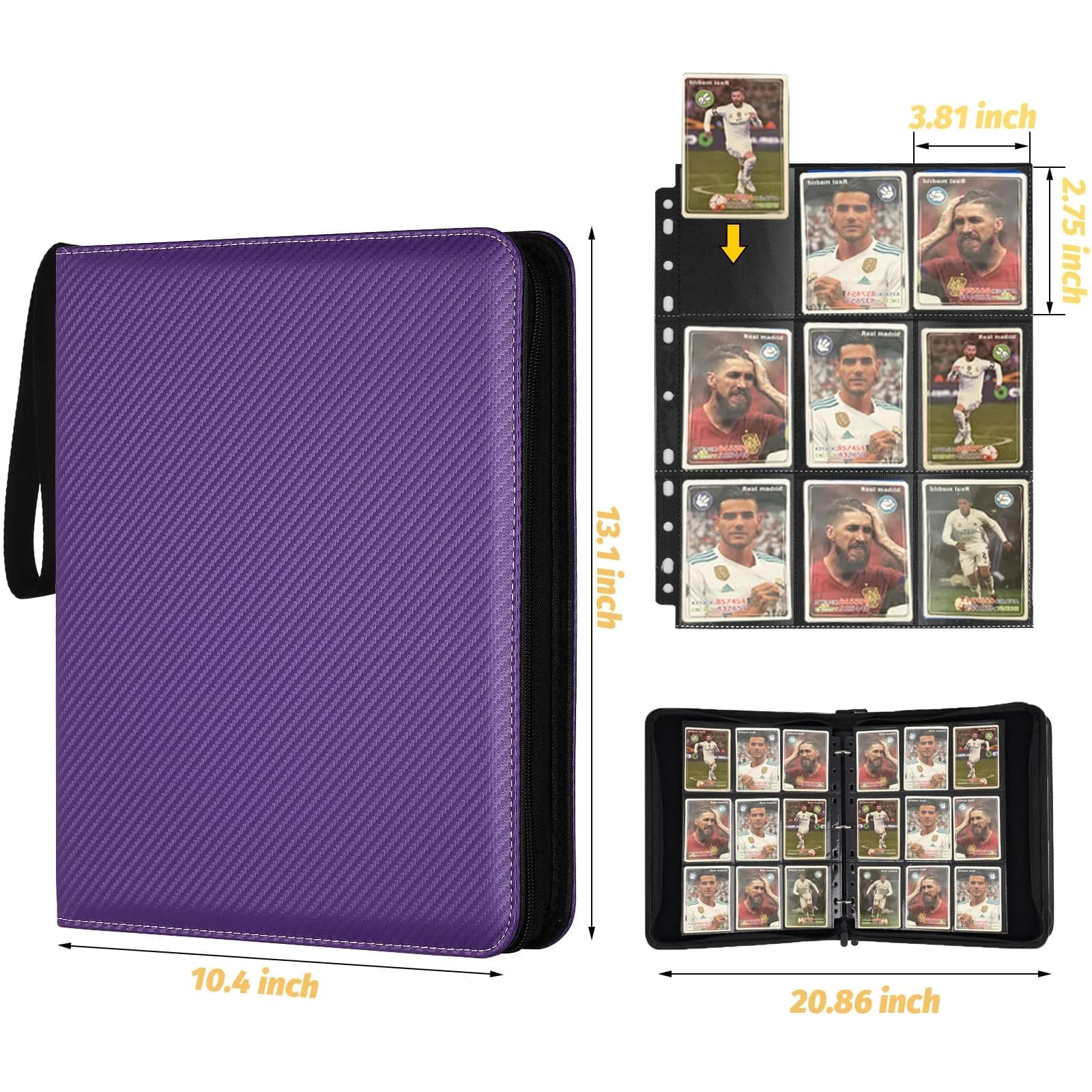 GERMUN 3-Ring 9-Pocket Zipper Card Binder with 720 Double-Sided Pages, Carbon Purple | Archival-Safe Collectible Card Storage thumbnail 3