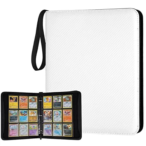 GERMUN 3 Ring 9 Pocket Zipper Card Binder, 720 Double Sided Standard PU Trading Card Album Folder (Carbon White, 40 Pages) — 9 Pocket 720 / Carbon White