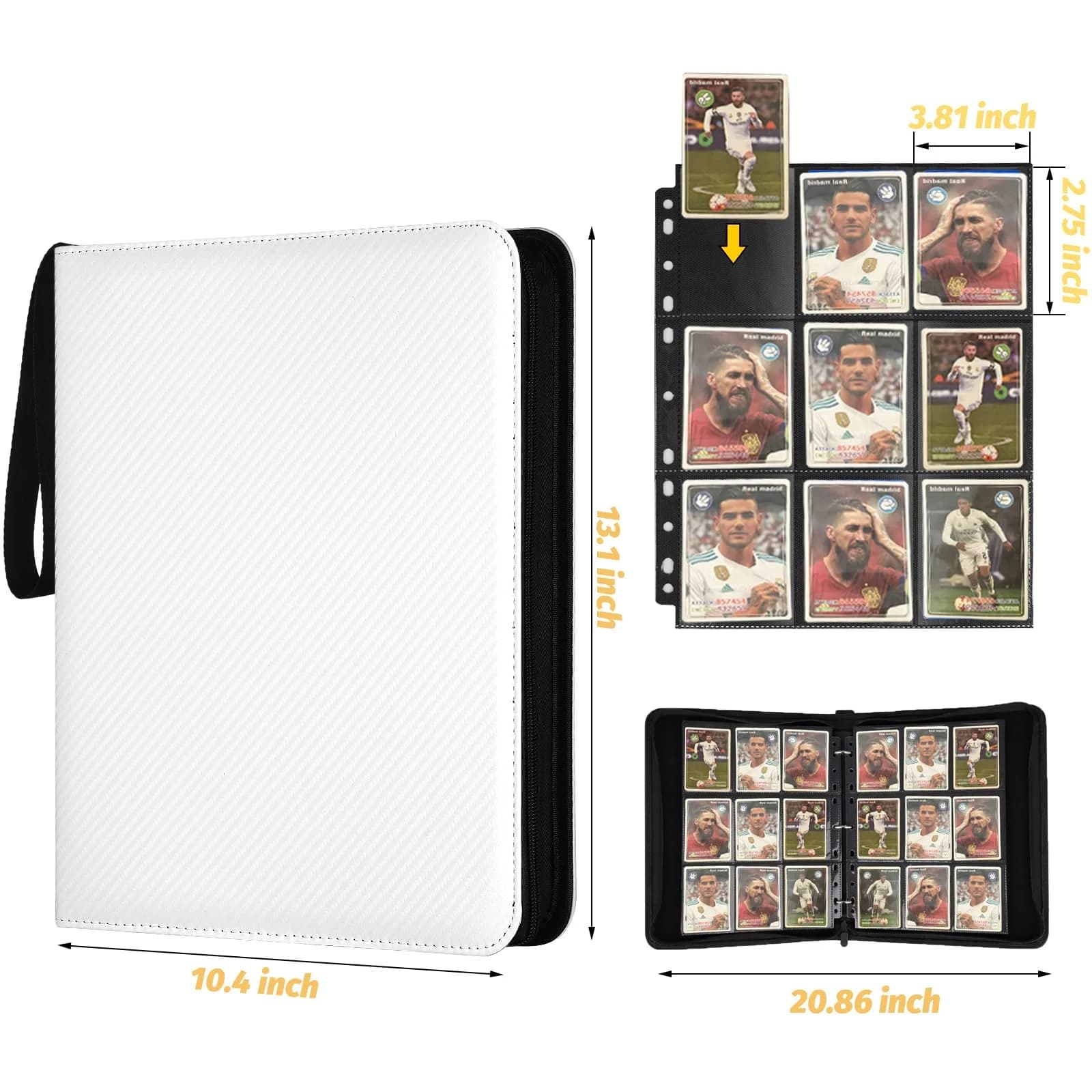GERMUN 3 Ring 9 Pocket Zipper Card Binder, 720 Double Sided Standard PU Trading Card Album Folder (Carbon White, 40 Pages) thumbnail 3