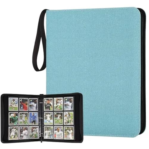 GERMUN 3 Ring 9 Pocket Zipper Card Binder for 720 Cards | Archival-Safe PU Leather — 9 Pocket 720 / Twill Lake Blue