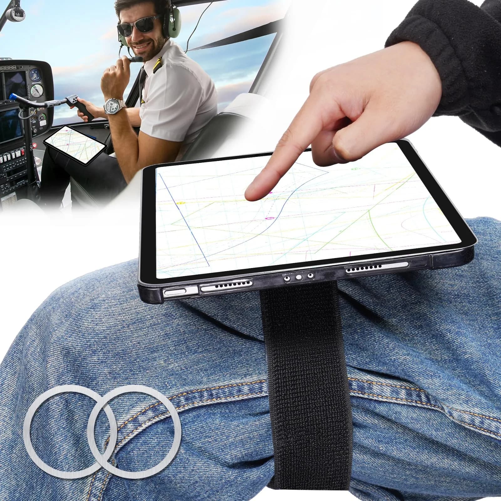 NiHome Adjustable Pilot Magnetic Kneeboard for iPad | Secure, Anti-Slip, Hands-Free — Black (with 33.5“ Elastic Strap)