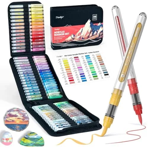JusArt 48 Colors Acrylic Paint Markers Brush Tip, Automatic Ink Control, 1-8mm Lines | ASTM D4236 Certified thumbnail 1